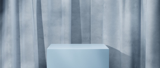Cosmetic podium for product presentation. Blue podium and curtain with soft shadow. 3d rendering - illustration.