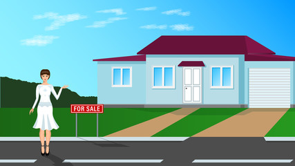 Real estate agent, young woman stands and shows house.