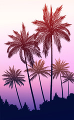 Fototapeta na wymiar Natural Coconut trees. Mountains horizon hills. Silhouettes of palm trees and hills. Sunrise and sunset. Landscape wallpaper. Illustration vector style. Colorful view background.