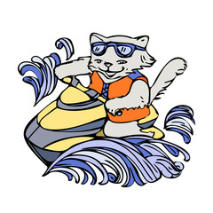 Naklejka premium The cat rides a jet ski. Vector illustration. Isolated on a white background.
