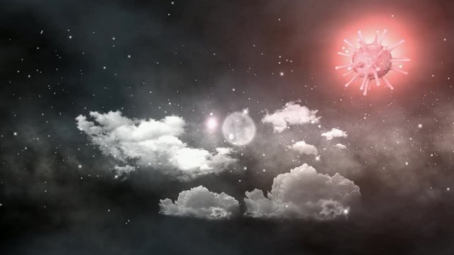 4k 3d animation  the coronavirus floats in a sky with clouds above all the world, symbolising a total pandemic around the planet.