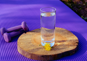A glass of water and a purple rubber sports mat on green grass for sports.