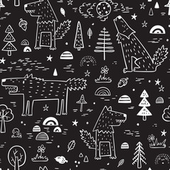 Cute Wolf Vector Seamless pattern. Childish Background with Hand Drawn doodle Wolves in Forest. Cartoon Wild Animals Wallpaper. Design for kids
