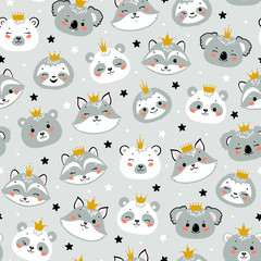 Cute Princess Animals Heads Vector Seamless Pattern. Cartoon Kawaii Wild Animal Faces with Crown Childish Vector Background for Kids Fashion Design
