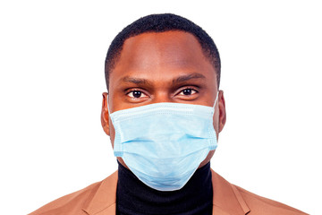 african american man in studio isolate mask and sanitizer at office work hand concept