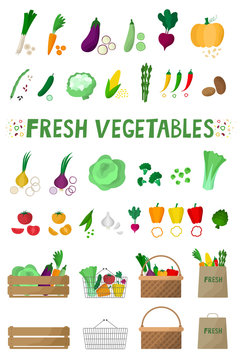 Vector set of vegetables for your design. Images of vegetables, baskets, boxes, packages in cartoon style.Farm products collection for restaurant menu, brand, grocery store on white background.