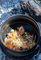 Food prepared alfresco on an open fire in a cast iron pot traditional Afrikaner method
