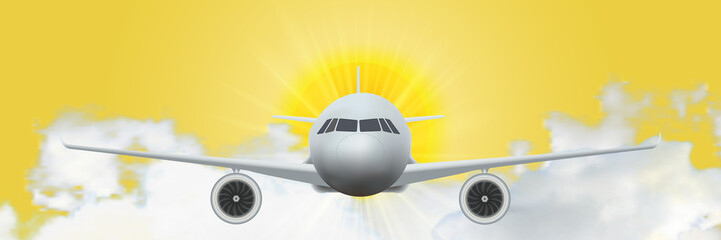 Fototapeta na wymiar Airplane jet flying at flight level high in the sky above the clouds and sunrise as business and travel design concept. Vector illustration.
