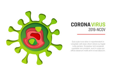 Coronavirus paper cut style vector illustration. 2019-NCOV cell on white background. Green Covid-19 molecule 