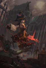 A digital illustration of the halloween fantasy female witch and her zombies. © Asanee