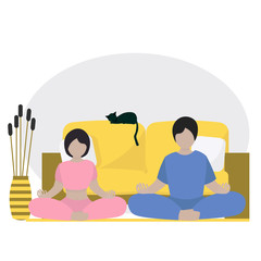 Family yoga at home concept.  man and woman in lotus position. Mom and dad  meditation together on sport mat. Cute illustration in flat style.