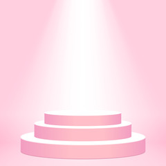 stage podium award for champion on pink background, pedestal show for victory position and light effect, stage award presentation for the best cosmetic products, stage lighting scene for the winner