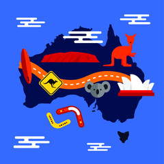 Mapa Australii z rozpoznawalnymi symbolami Australii.
Cartoon Australia continent map with  famous symbols of Australia. Vector illustration. 