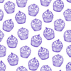 Outlined cupcakes on white background. Seamless vector pattern. Food, desserts and sweet theme.