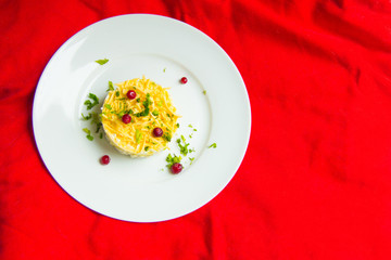 Pineapple salad, decorated with berries on a red background.