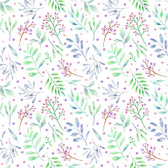 Watercolor seamless pattern with purple and green leaves, purple berries on white background. Hand drawn illustration