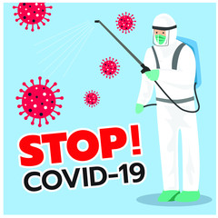 Vector illustration of personnel spraying the corona virus (Covid-19) disinfectant spray,Infographics,Health,Medical 