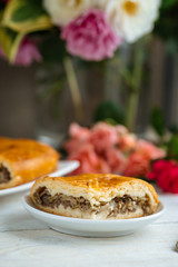 Closeup side view on a piece of tatar pie with beef meat and onion, vertical format