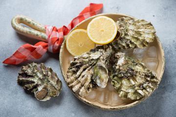 Serving pan with unopened iced oysters and lemon over light-blue stone background, horizontal shot