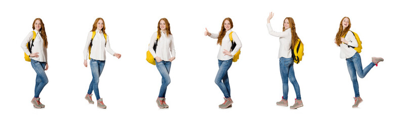 Woman with backpack isolated on white
