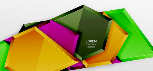 Metal glossy shiny geometric shapes with 3d effect composition. Techno futuristic vector abstract background For Wallpaper, Banner, Background, Card, Book Illustration, landing page