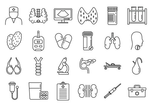 Endocrinologist doctor icons set. Outline set of endocrinologist doctor vector icons for web design isolated on white background
