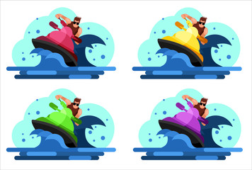 A guy man driving  on a jet ski vector flat illustration. Set of colours. Water and sun happy picture