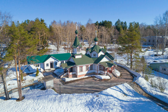 Ascension Church in a spring landscape on a sunny April day. Pitkyaranta, Karelia