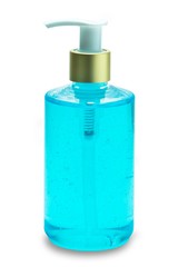 Blue gel alcohol in the pump bottle on a white background isolated with clipping path.