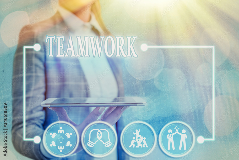 Poster conceptual hand writing showing teamwork. concept meaning combined action of group especially when e
