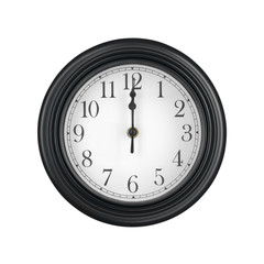 wall round clock black white with number and clockwise on twelve o'clock or 12 pm am and noon or midnight to time out or break working and school or lunch on white background isolate inc clipping path