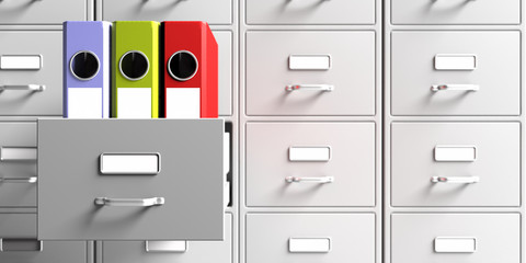 Office document binders in a filing cabinet drawer. 3d illustration