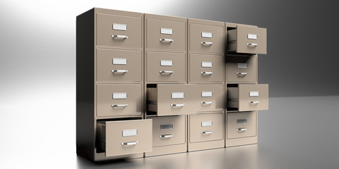 Filing cabinets in a gray background. Office document file organisation. 3d illustration