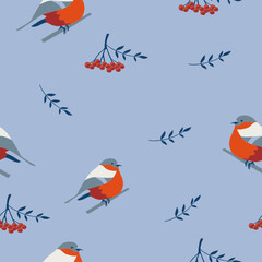 Vector seamless winter pattern with bullfinch birds and floral motifs
