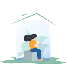 Woman sitting in glass cap. Self-isolation during an epidemic. Stay home concept.