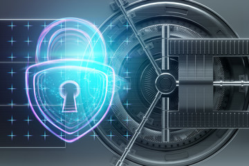 The hologram of the castle on the background of the doors of the bank vault. The concept of deposit protection protection of savings data protection technology. Copy space 3D illustration 3D render