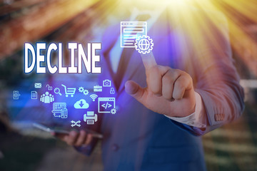 Word writing text Decline. Business photo showcasing Become smaller fewer less Decrease Politely...