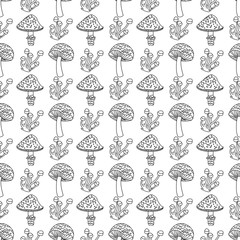 hand drawn linear mushroom seamless pattern. mushroom vegetable illustration.