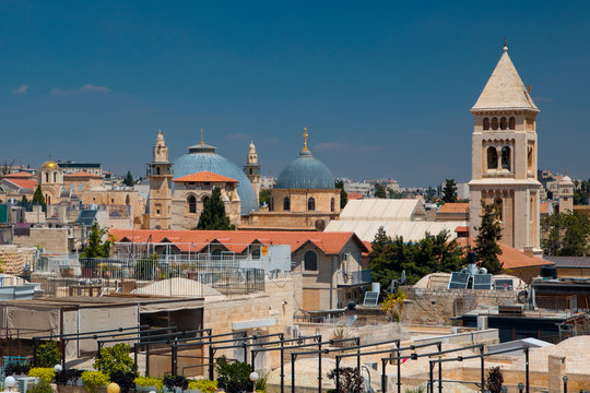 Jerusalem skyline with clock towers and domes 