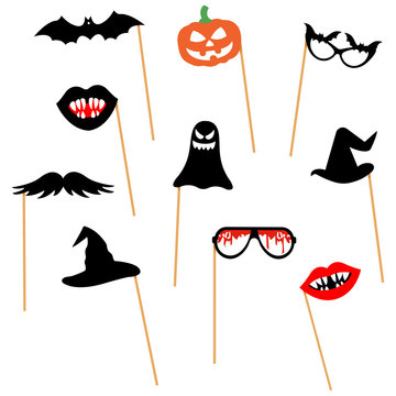 Photo booth props on sticks, collection for halloween party: pumpkin, mustache, bat, glasses, hat, lips, ghost. Vector illustration