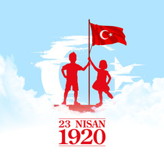 holiday banner illustration of the cocuk baryrami 23 nisan , tr: Turkish April 23 National Sovereignty and Children's Day, graphic design Turkish holiday card , kids icon with clouds, children logo.