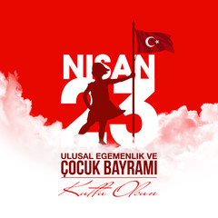 holiday banner illustration of the cocuk baryrami 23 nisan , tr: Turkish April 23 National Sovereignty and Children's Day, graphic design Turkish holiday card , kids icon with clouds, children logo.