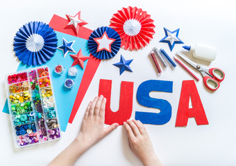 Diy 4th of July decor USA letters color American flag. Children craft