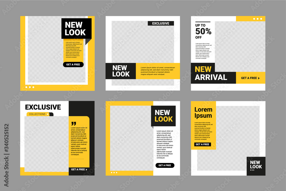 Wall mural set of editable square banner template. black and yellow background color with stripe line shape. su