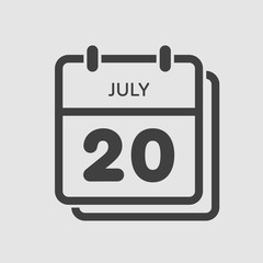 Icon calendar day 20 July, summer days of the year