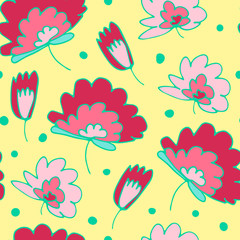 Fototapeta na wymiar Seamless vector floral pattern. Hand-drawn pink plants on yellow dotted background. Doodle dot illustration for wallpaper, cards, wrapping paper, Women's Day, Mother's Day, summer and spring holidays