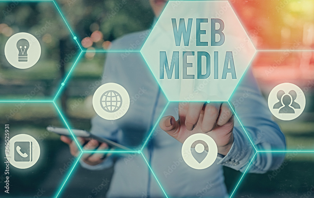 Poster writing note showing web media. business concept for audio and visual forms of communication present