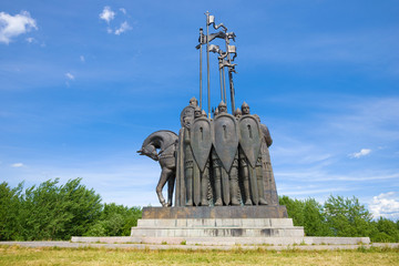 View of the monument on Sokolikha Mountain on a sunny June day, Pskov region