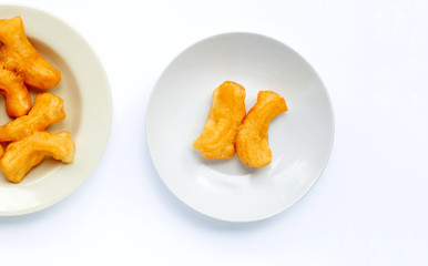 Deep-fried dough stick, chinese bread stick on white