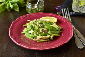 Chicken salad with zucchini, green beans and basil pesto